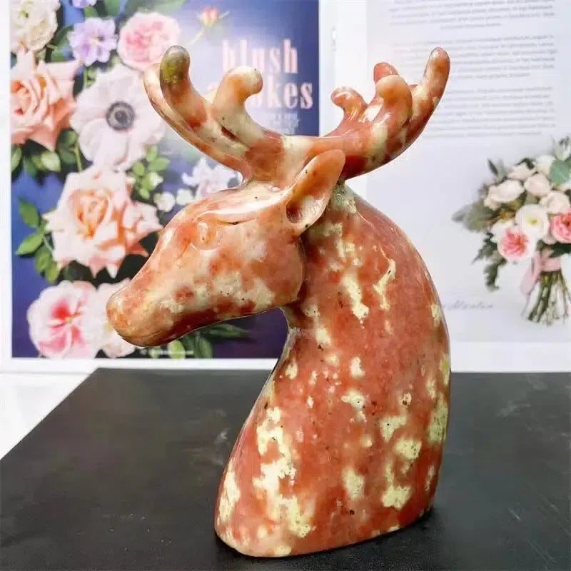 Plum Blossom Agate And Tourmaline Crystal Carved Sika Deer