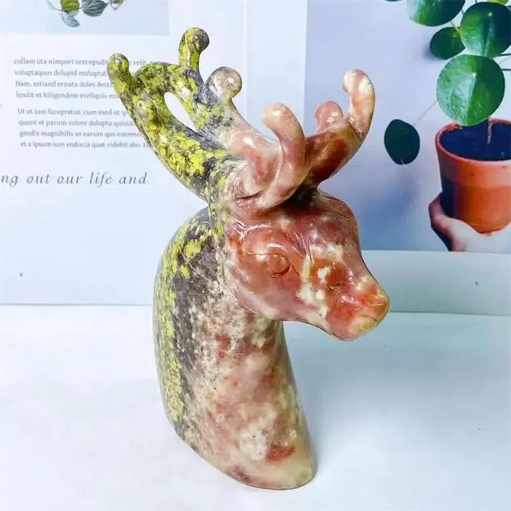 Plum Blossom Agate And Tourmaline Crystal Carved Sika Deer