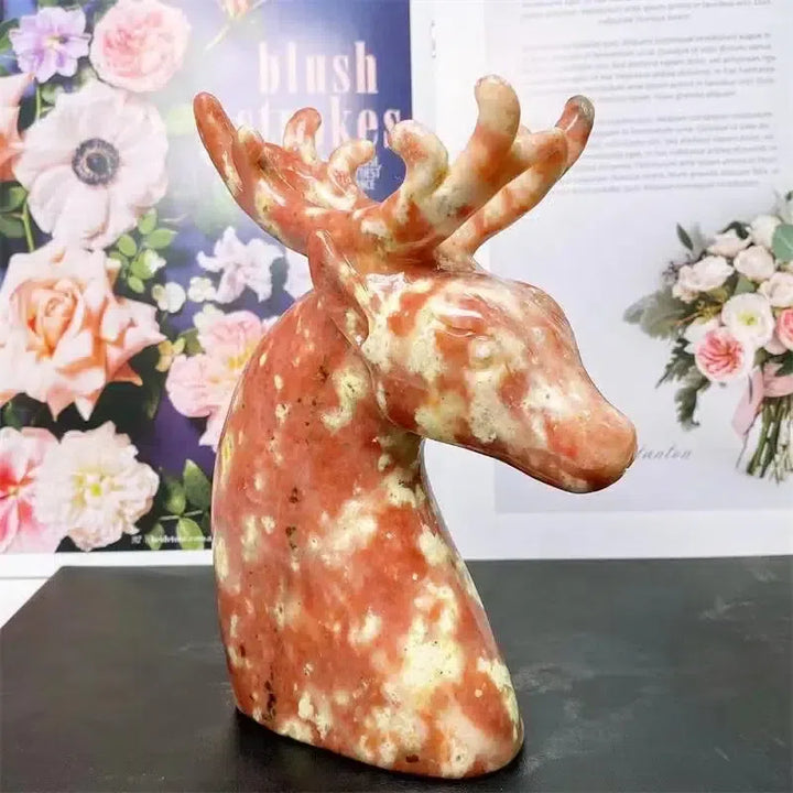 Plum Blossom Agate And Tourmaline Crystal Carved Sika Deer