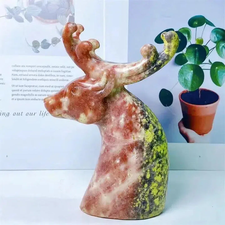 Plum Blossom Agate And Tourmaline Crystal Carved Sika Deer