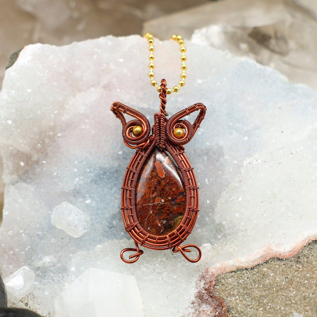 Poppy Jasper Owl Wire Wrap Pendant - 2.45"