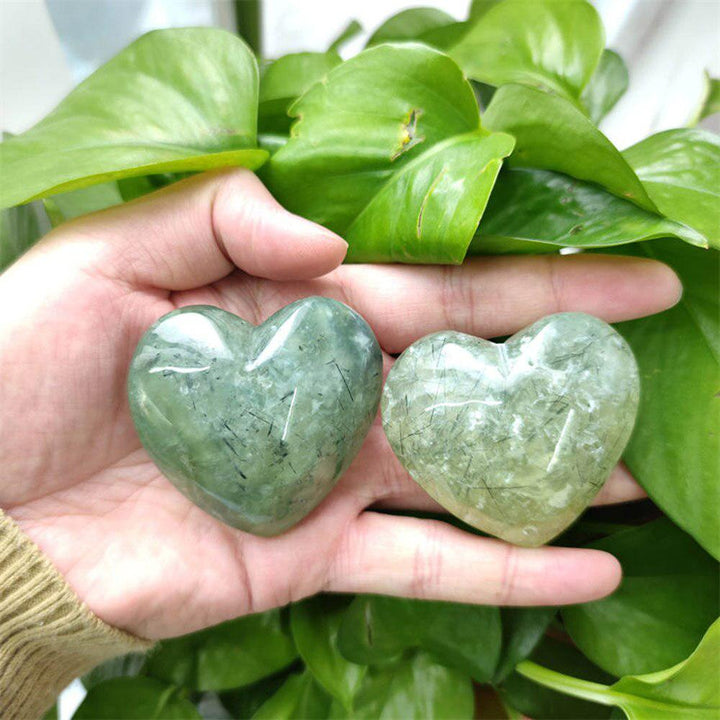 Prehnite With Tourmaline Inclusions Heart Carving