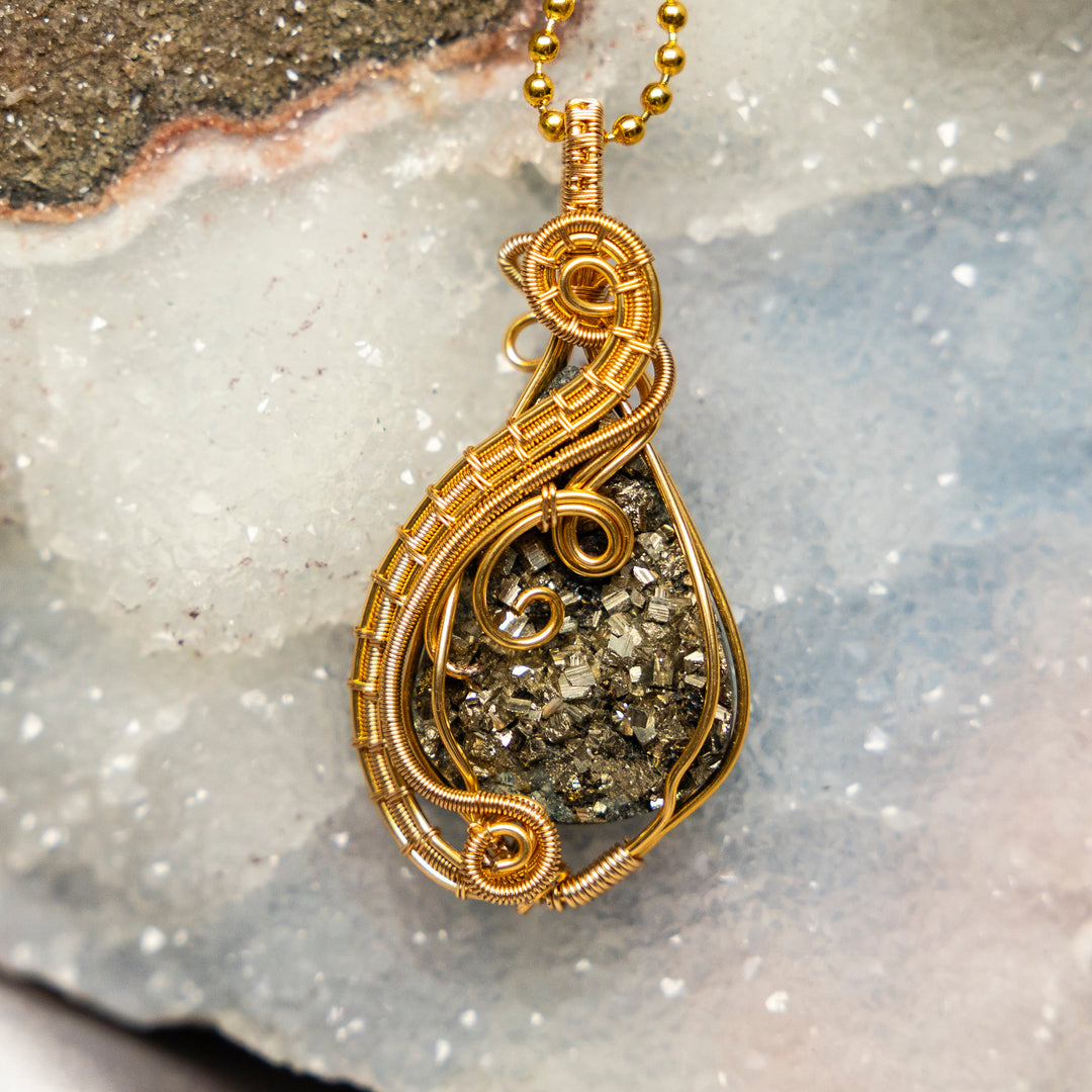 Pyrite Cluster Wire Wrap Crystal Pendant