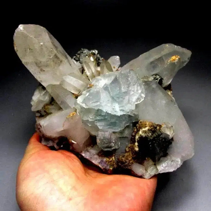 Quartz, Blue Fluorite, Arsenopyrite Cluster