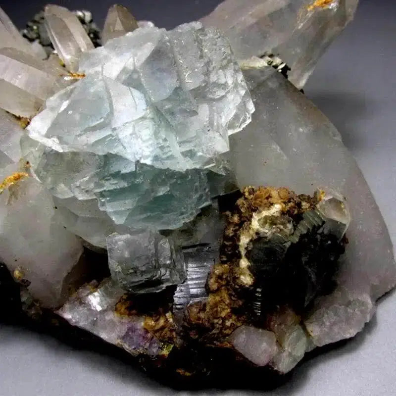 Quartz, Blue Fluorite, Arsenopyrite Cluster