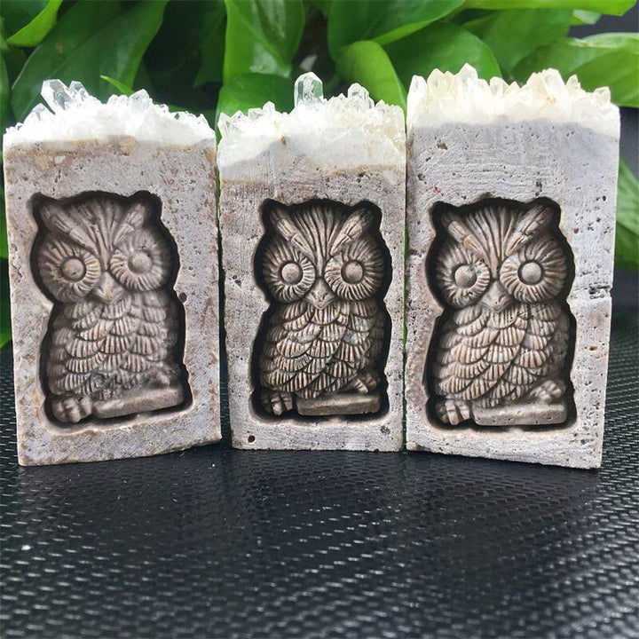 Quartz Cluster Owl Carving