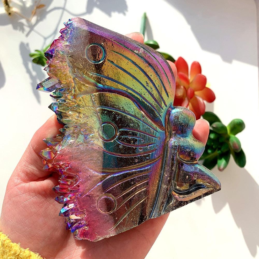 Quartz Cluster Rainbow Aura Butterfly Carving