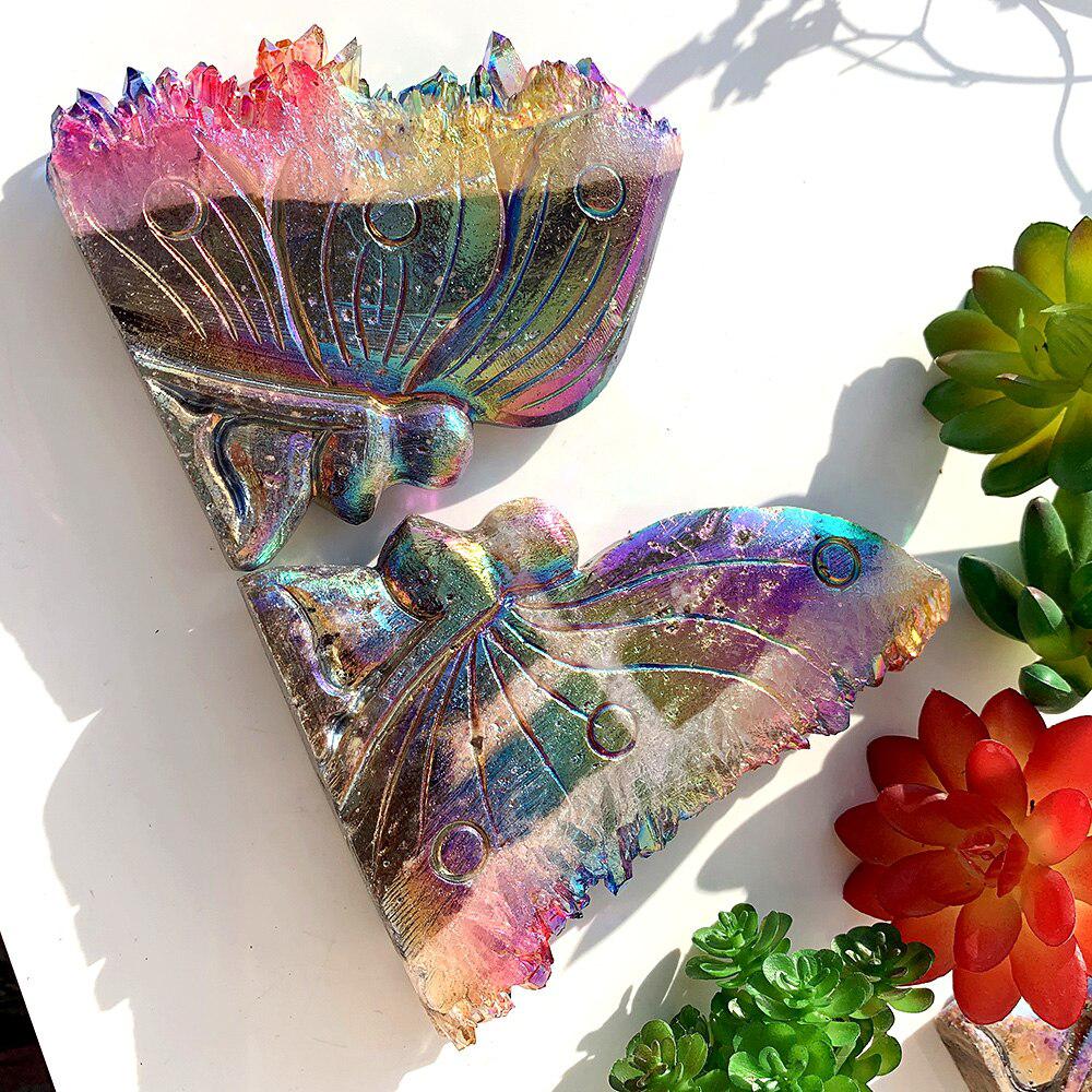 Quartz Cluster Rainbow Aura Butterfly Carving