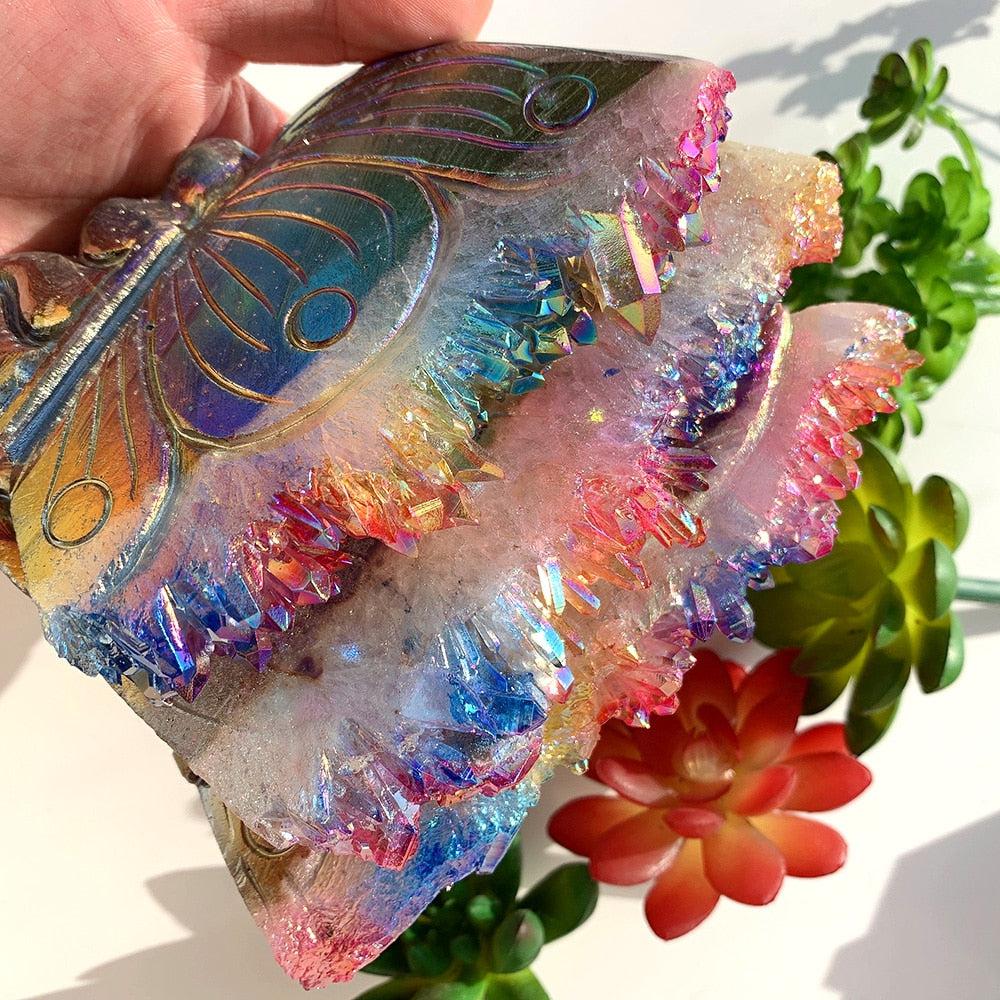 Quartz Cluster Rainbow Aura Butterfly Carving