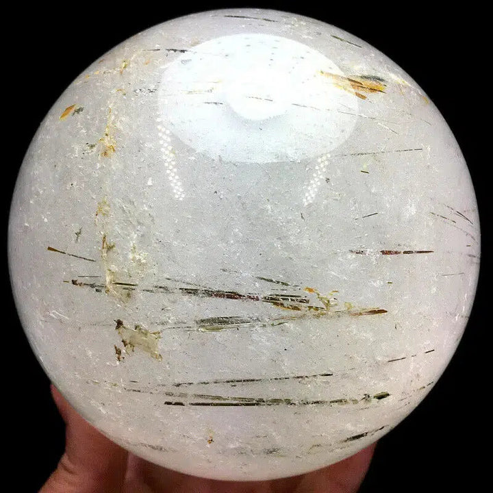 Quartz Sphere with Green Tourmaline Rutile Inclusions + Stand