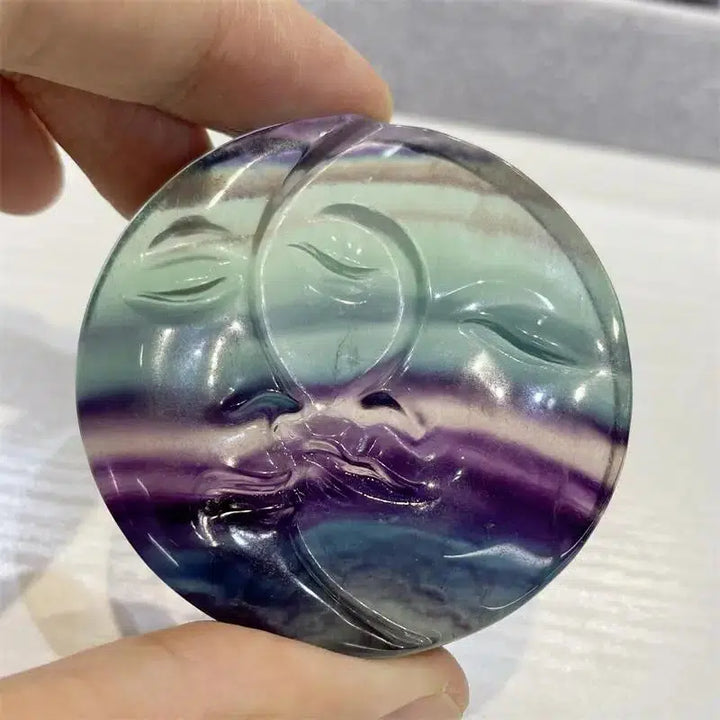 Rainbow Fluorite Crystal Sun And Moon Carving