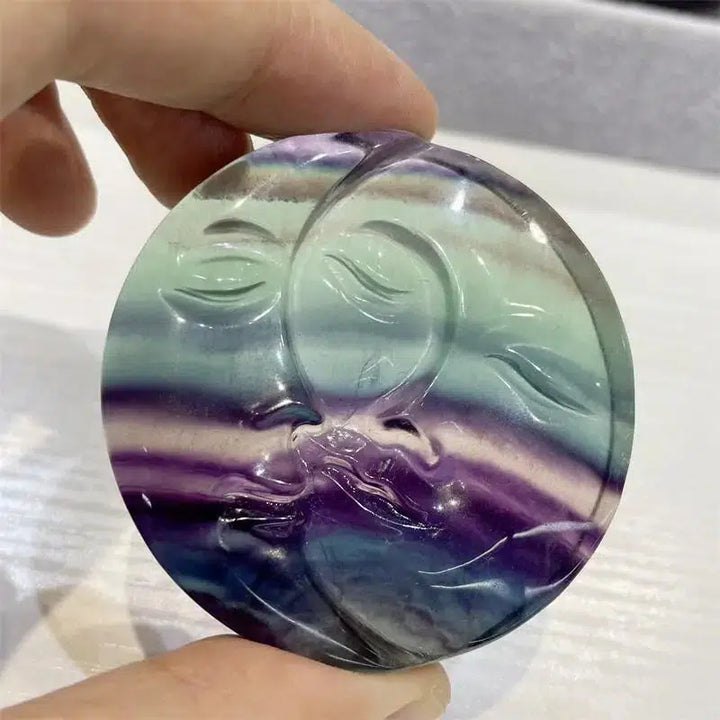 Rainbow Fluorite Crystal Sun And Moon Carving