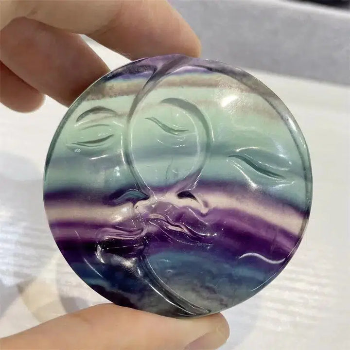 Rainbow Fluorite Crystal Sun And Moon Carving