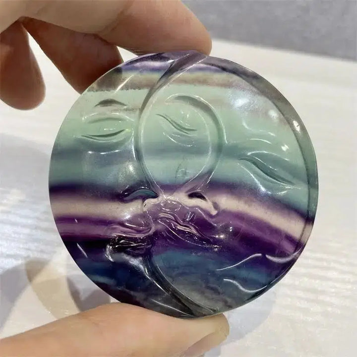 Rainbow Fluorite Crystal Sun And Moon Carving