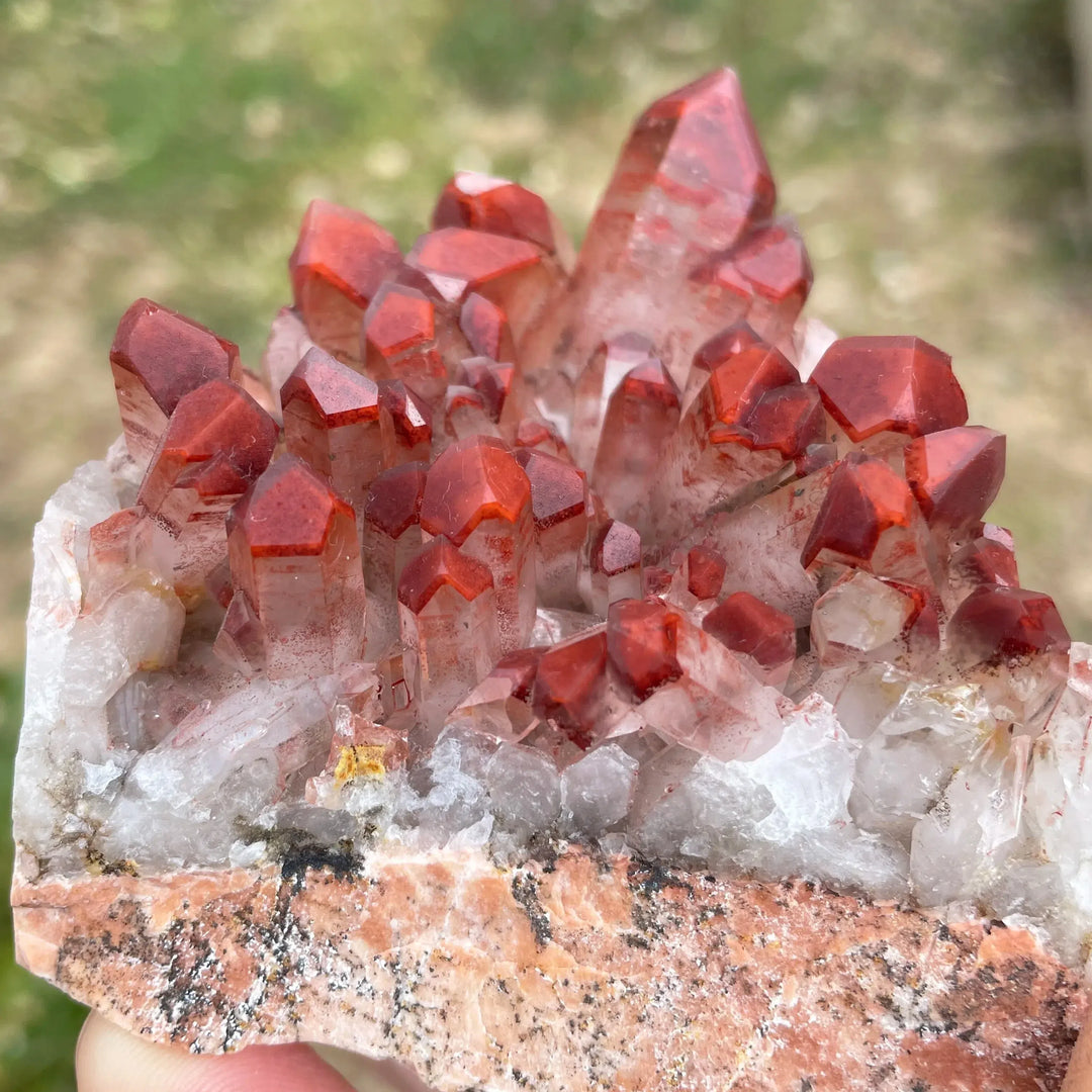 Red Hematite Tipped Clear Quartz Cluster