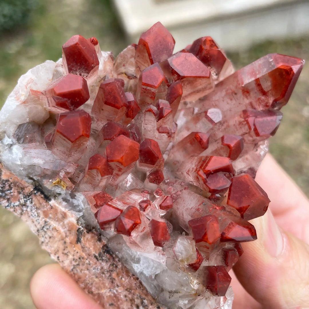 Red Hematite Tipped Clear Quartz Cluster