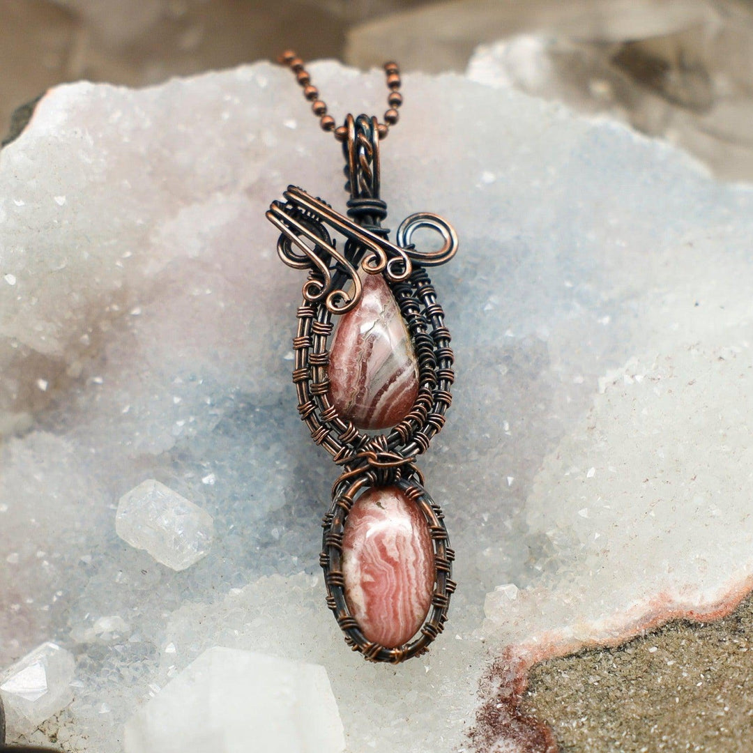 Rhodochrosite 2 Crystal Wire Wrap Pendant - 3"