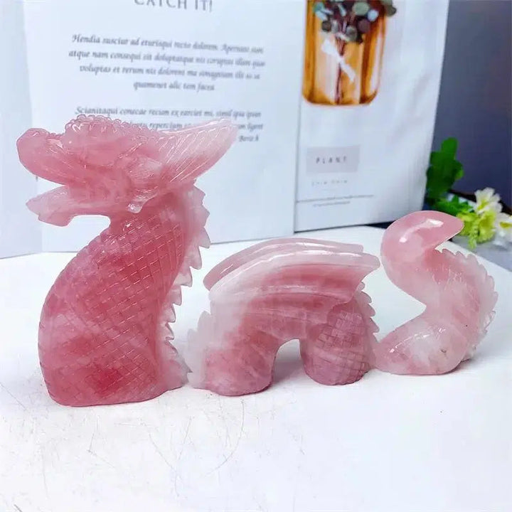 Rose Quartz 3 Piece Dragon Carving