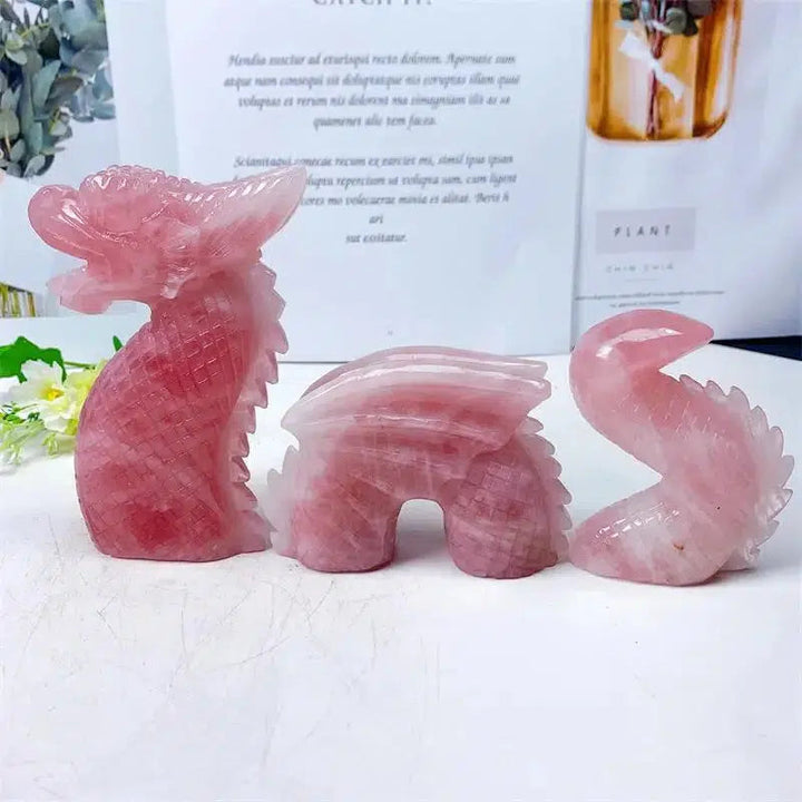 Rose Quartz 3 Piece Dragon Carving