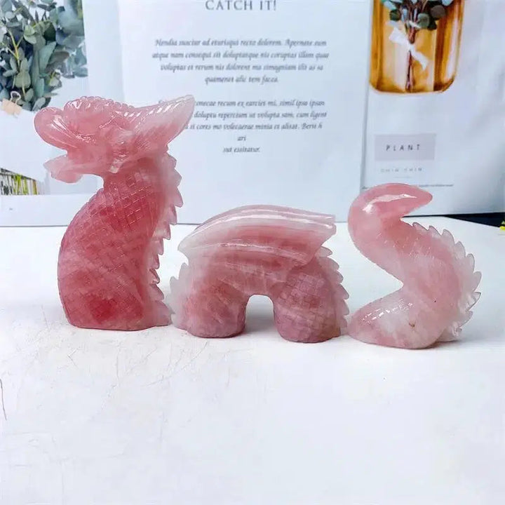 Rose Quartz 3 Piece Dragon Carving