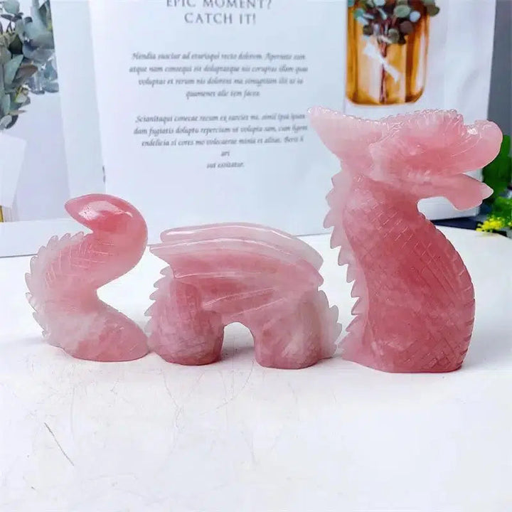 Rose Quartz 3 Piece Dragon Carving