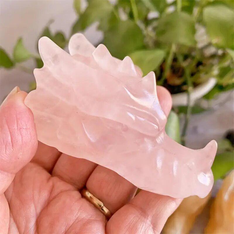 Rose Quartz Crystal Handmade Carved Dragon Skull