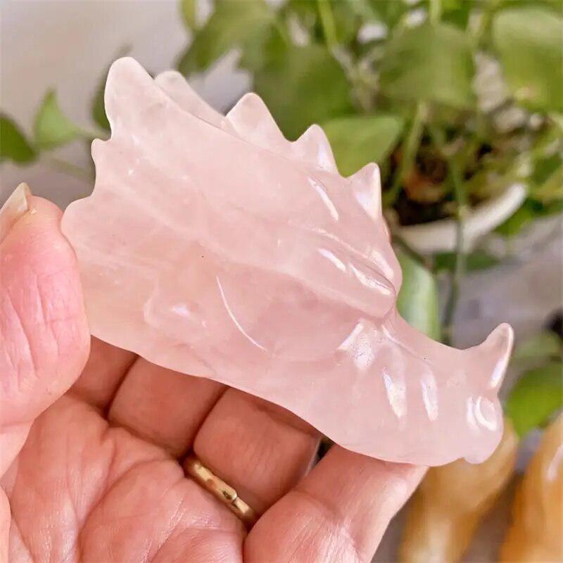 Rose Quartz Crystal Handmade Carved Dragon Skull