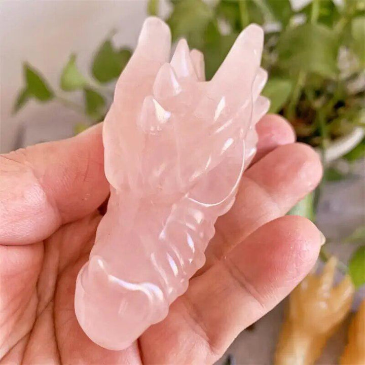 Rose Quartz Crystal Handmade Carved Dragon Skull