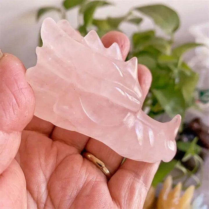 Rose Quartz Crystal Handmade Carved Dragon Skull