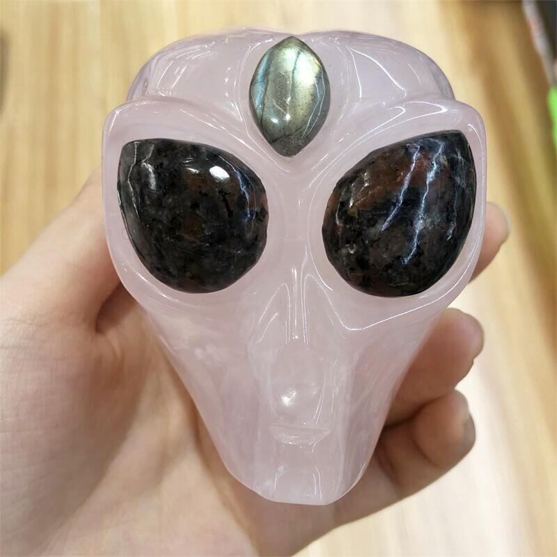 Rose Quartz Hand Carved Alien Skull