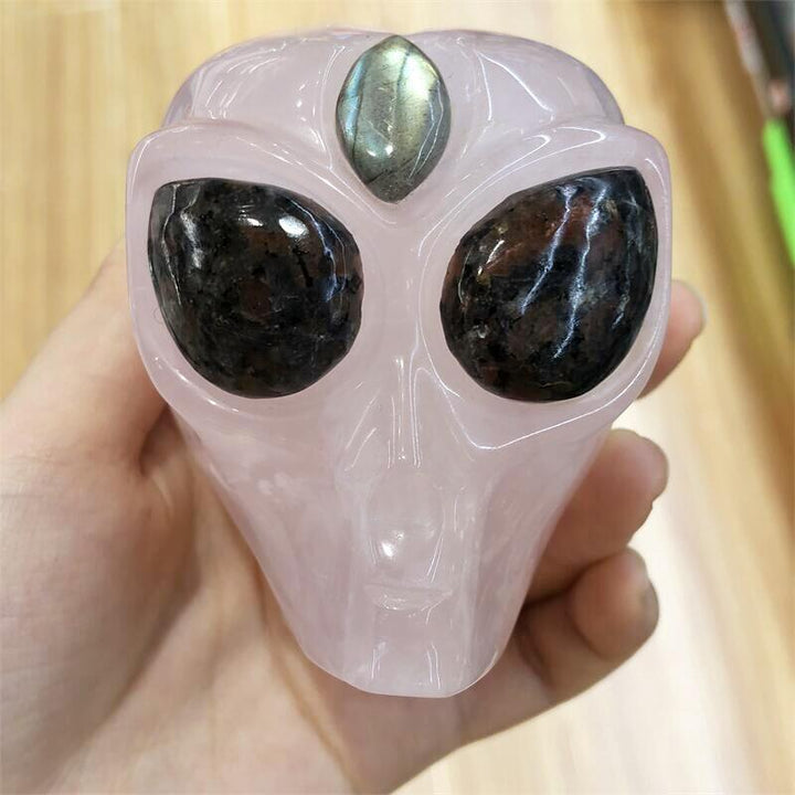 Rose Quartz Hand Carved Alien Skull