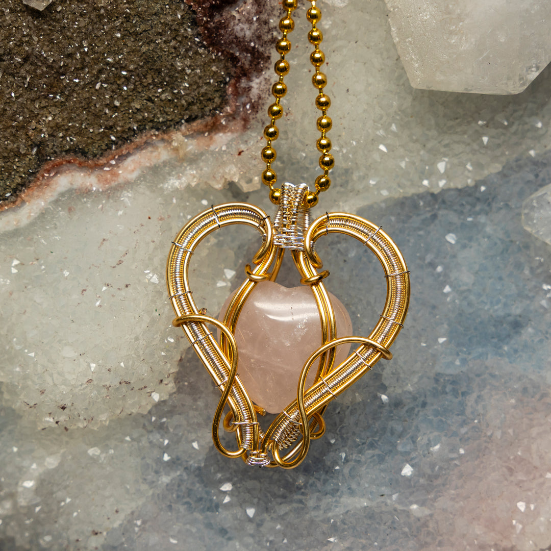 Rose Quartz Heart Wire Wrap Crystal Pendant