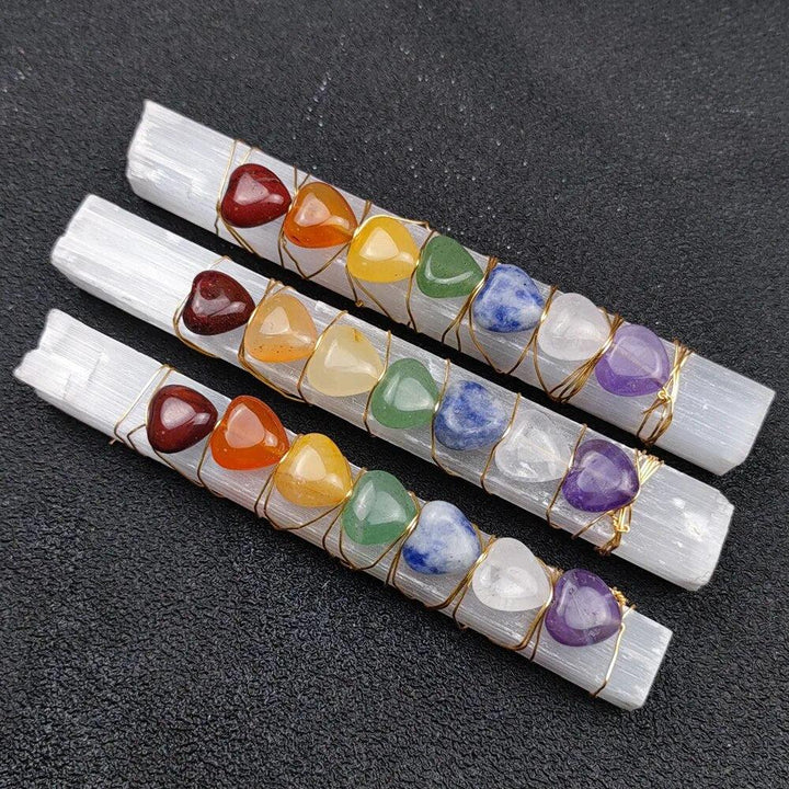 Selenite Crystal Sticks with 7 Chakra Love Heart Stones Wire Wrapped