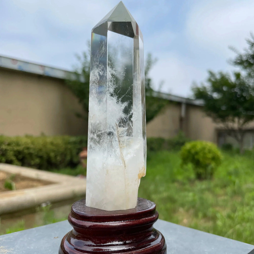 Clear Quartz Tower with Wood Base