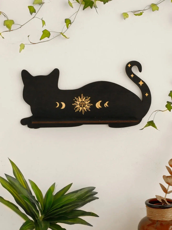 Black Cat Wooden Shelf Crystal Holder