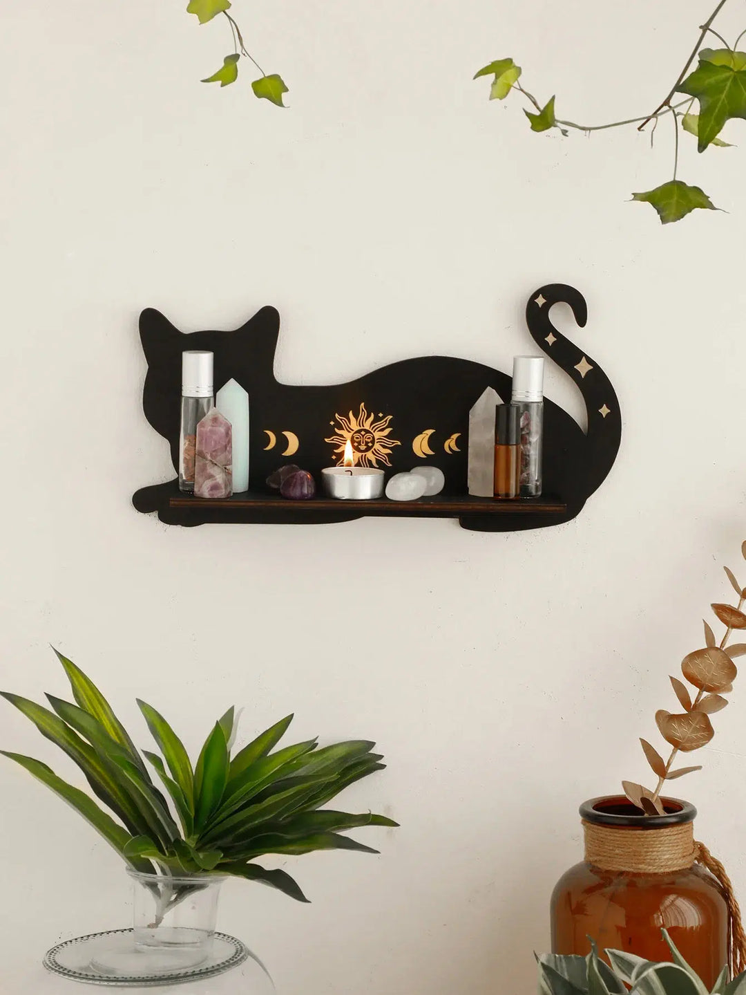 Black Cat Wooden Shelf Crystal Holder