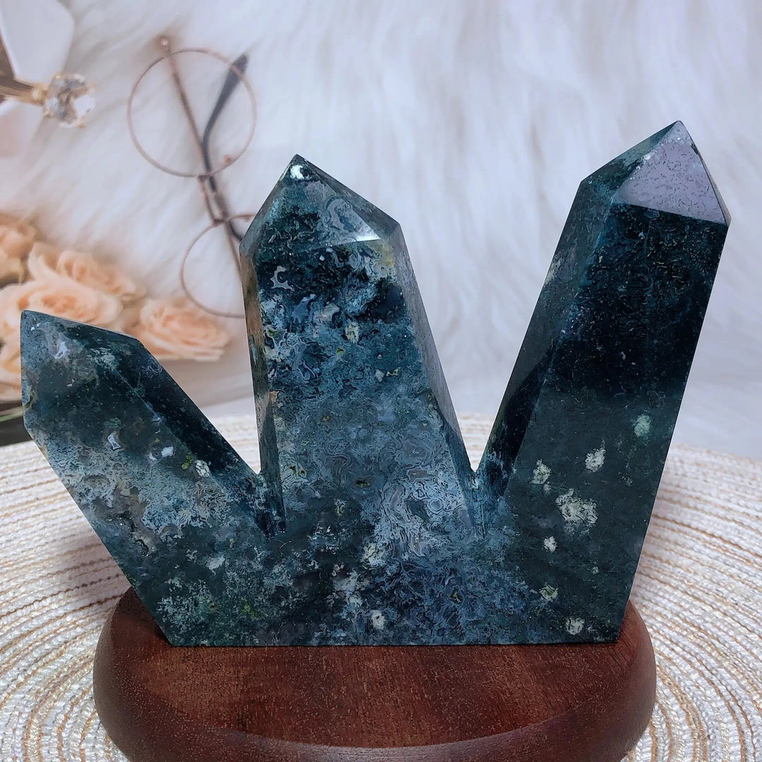 Moss Agate 3 Point Druzy Tower