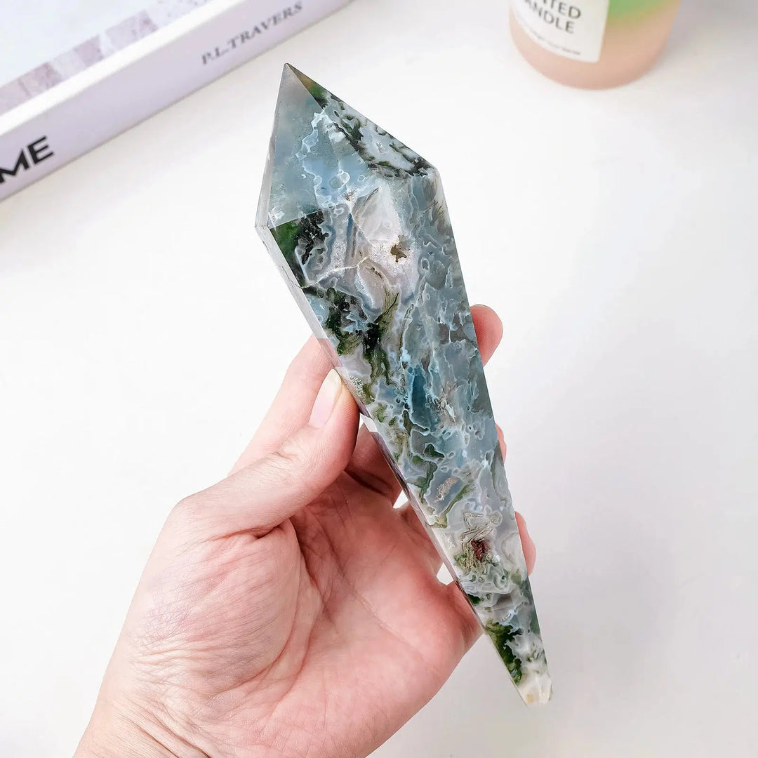 Green Moss Agate Crystal Tower