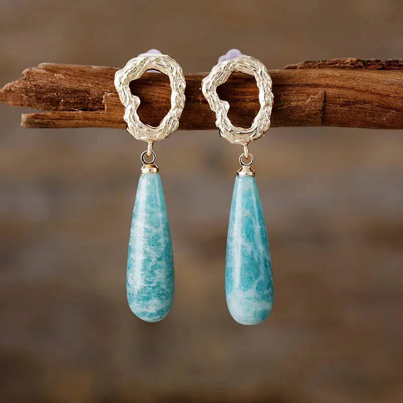 Gold Plated Natural Crystal Gemstone Dangle Earrings