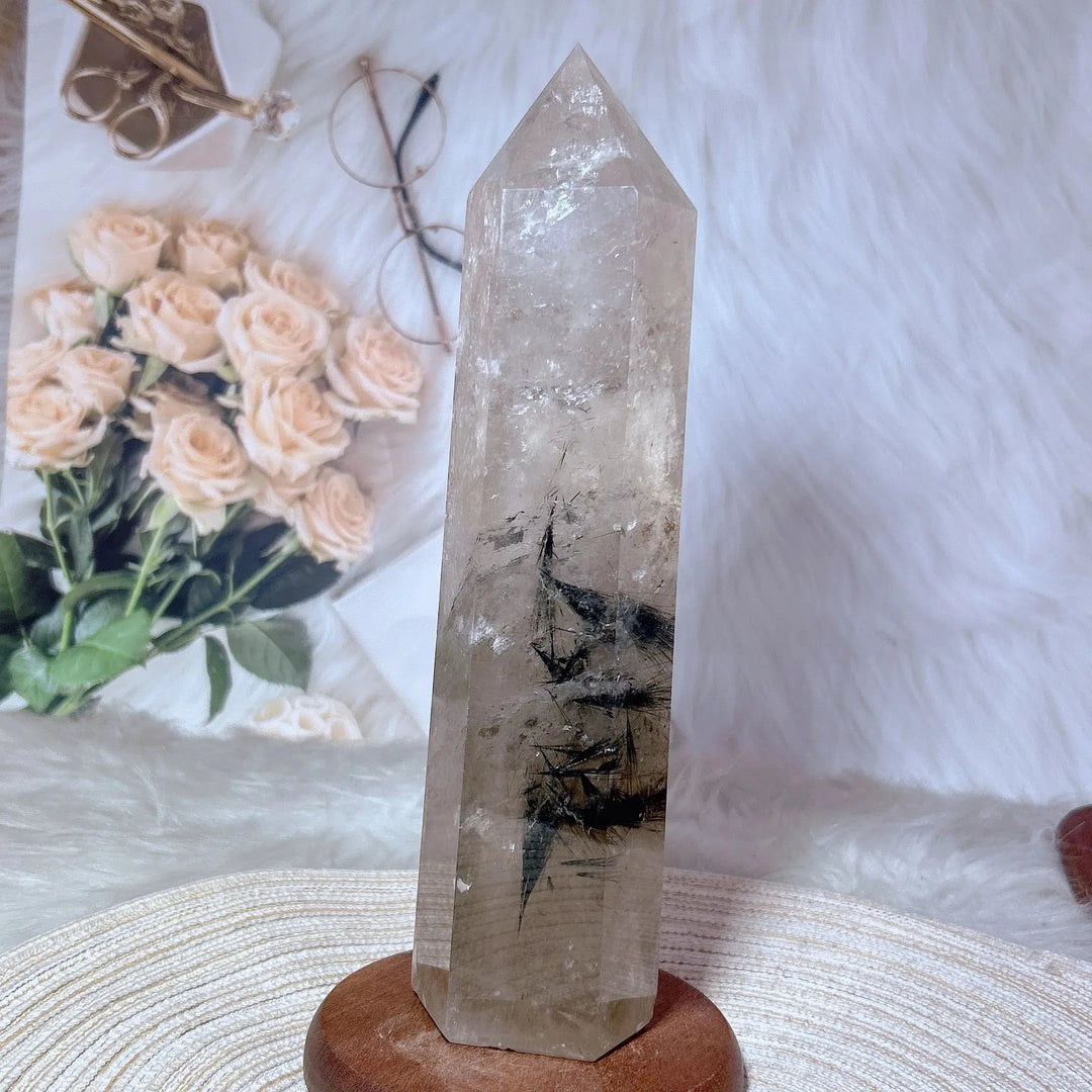 Smokey Quartz With Black Rutile And Rainbow Tower