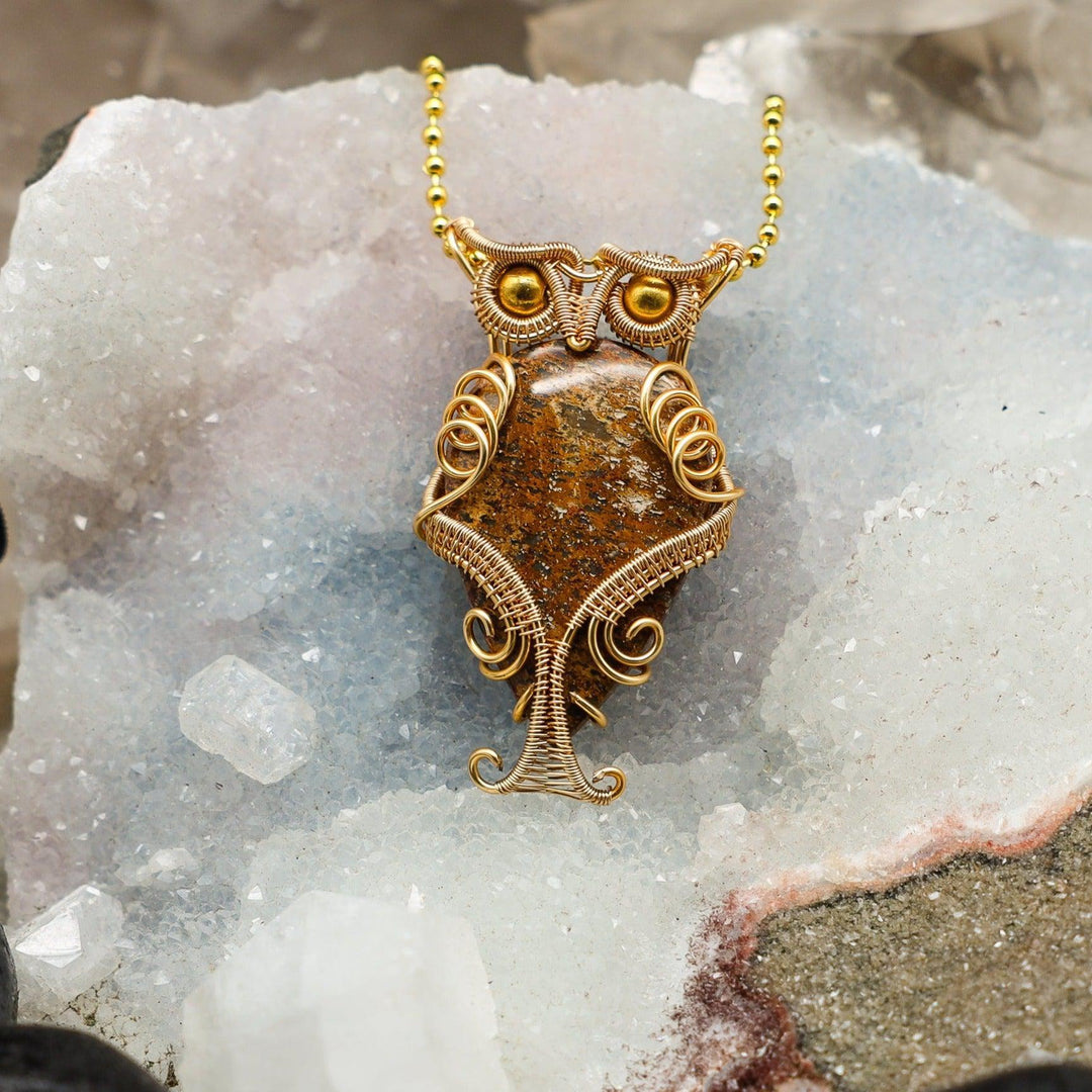 Starburst Jasper Owl Wire Wrap Pendant - 2.25"