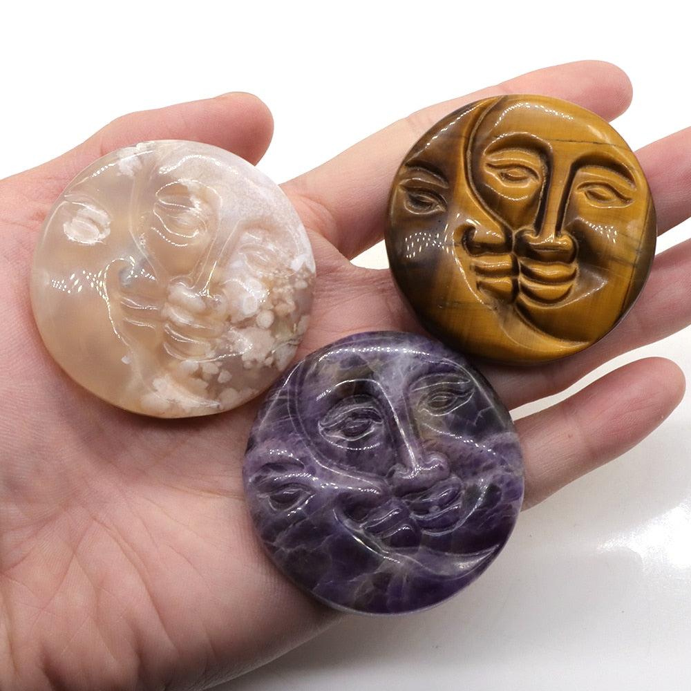 Sun And Moon Face Carved Crystal Palm Stones