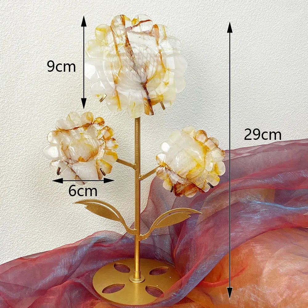 Sunflower 3 Flowers Carving, in Golden Healer Quartz, Rhodonite, Fluorite, or Pink Agate