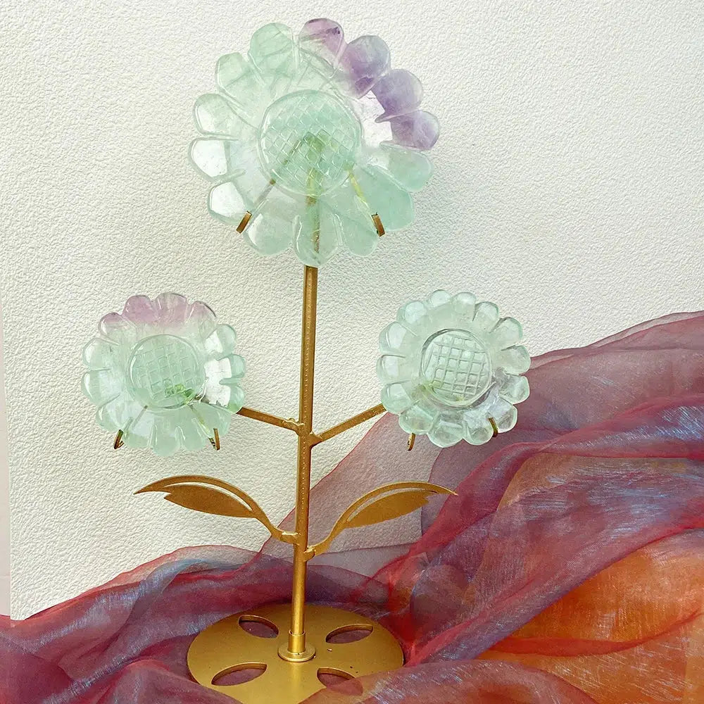 Sunflower 3 Flowers Carving, in Golden Healer Quartz, Rhodonite, Fluorite, or Pink Agate