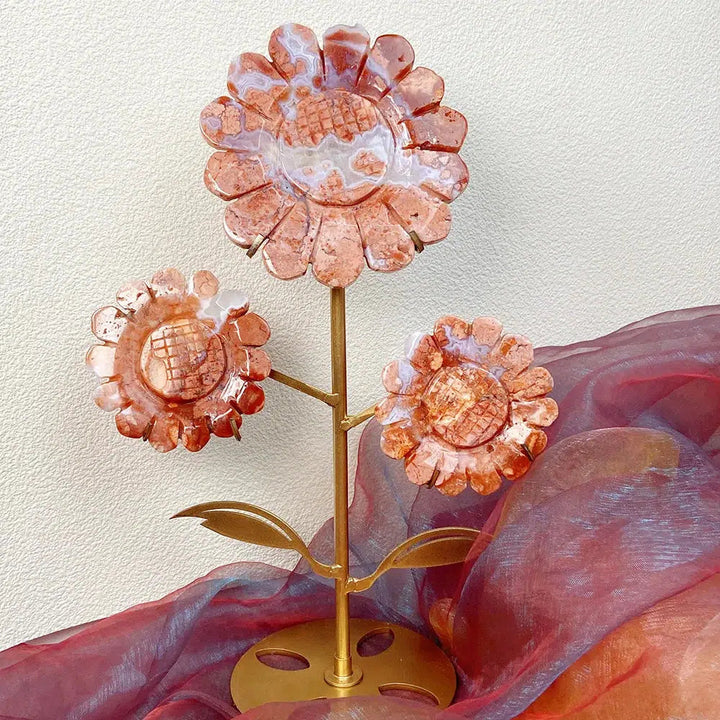 Sunflower 3 Flowers Carving, in Golden Healer Quartz, Rhodonite, Fluorite, or Pink Agate