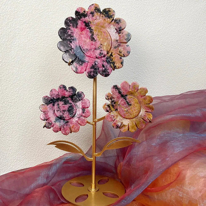 Sunflower 3 Flowers Carving, in Golden Healer Quartz, Rhodonite, Fluorite, or Pink Agate