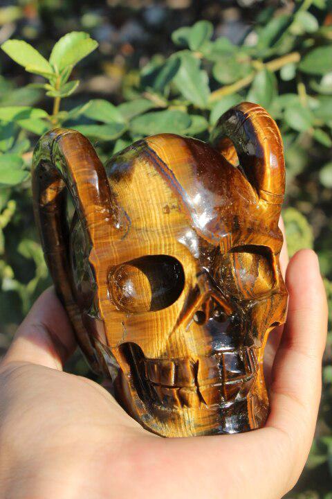 Tiger Eye Hand Carved Horned Devil Skull (1 of a kind)