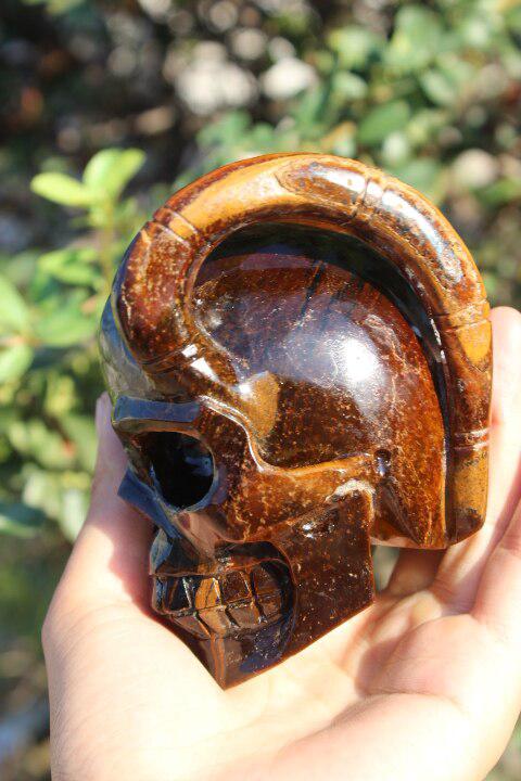 Tiger Eye Hand Carved Horned Devil Skull (1 of a kind)