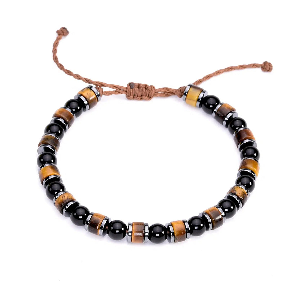 Triple Protection Bracelet (Tiger Eye, Obsidian, Hematite) 6mm Beads Braided Brown Wax Cord