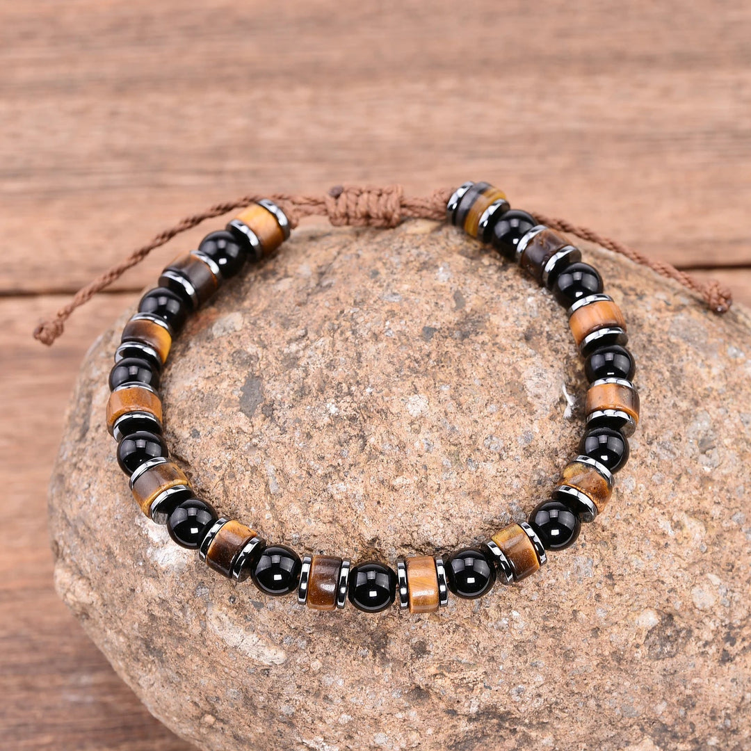 Triple Protection Bracelet (Tiger Eye, Obsidian, Hematite) 6mm Beads Braided Brown Wax Cord